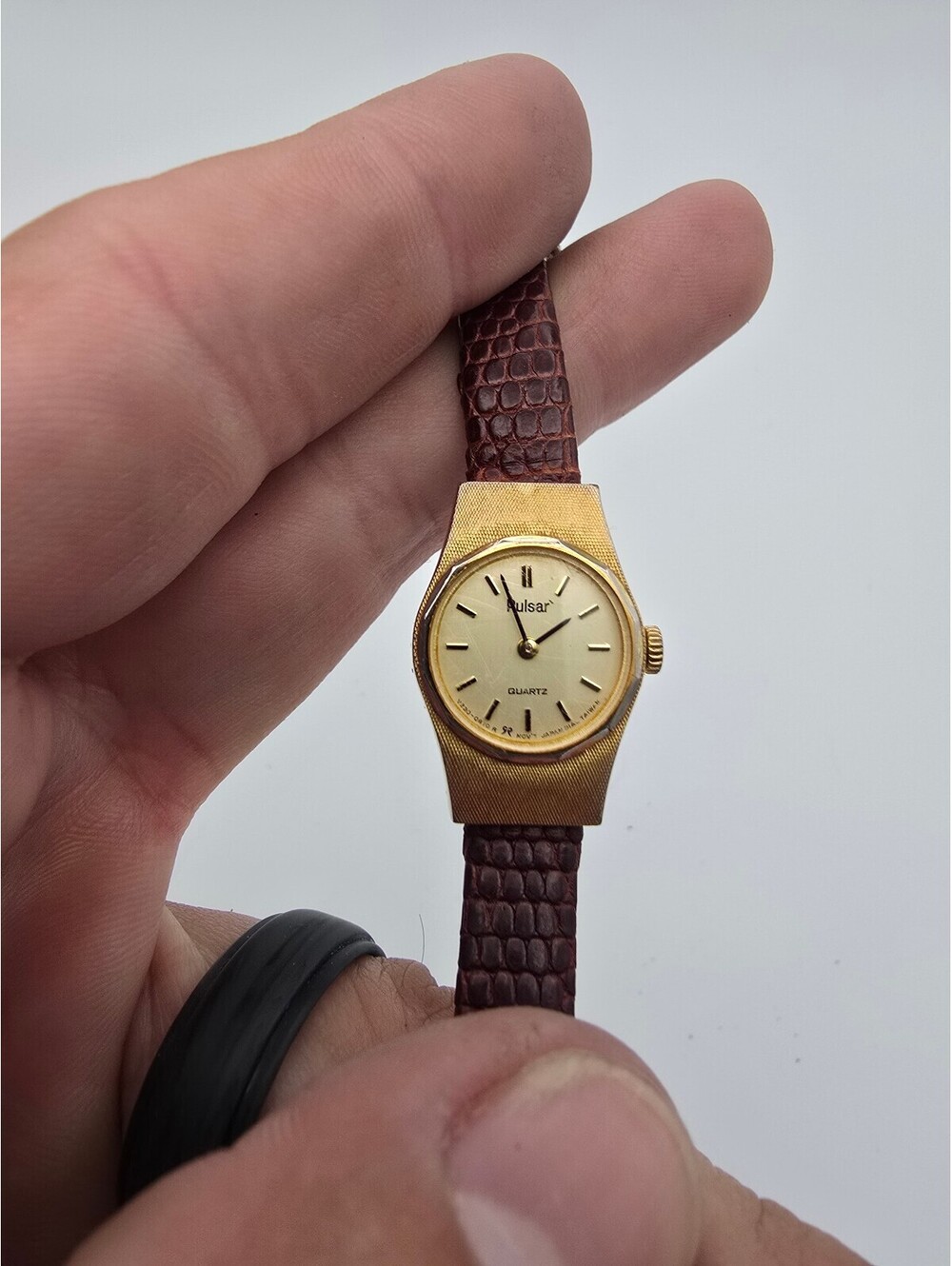 Pulsar Women’s Quartz Analog Watch Gold Dial Gold Tone Case Brown Leather Strap